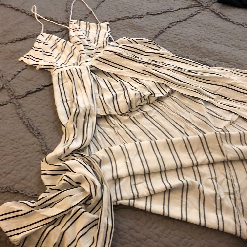 white dress (shorts/ dress combo?) w navy stripes